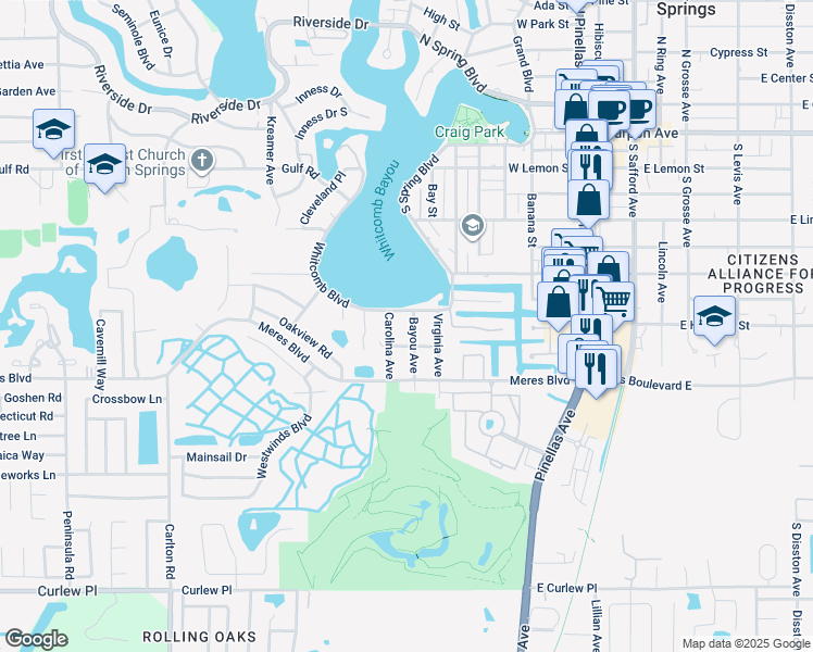 map of restaurants, bars, coffee shops, grocery stores, and more near 809 Whitcomb Boulevard in Tarpon Springs
