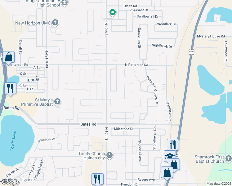 map of restaurants, bars, coffee shops, grocery stores, and more near 390 Eaglecrest Drive in Haines City