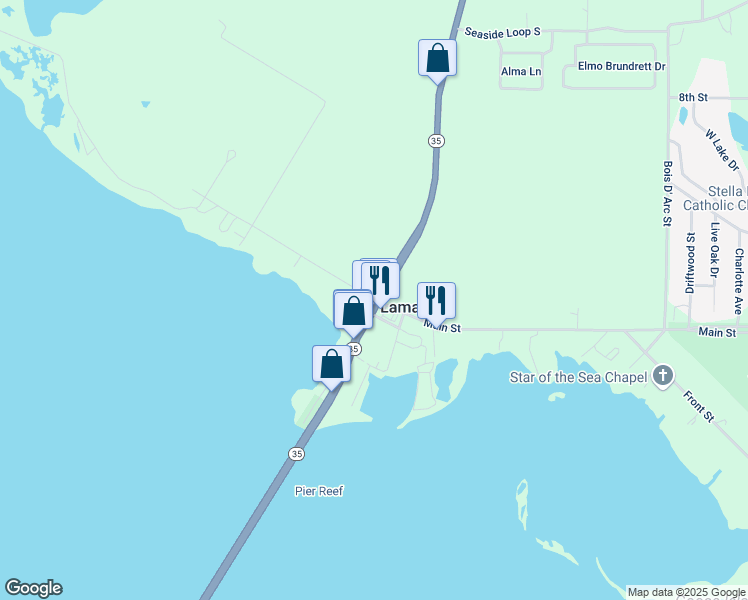 map of restaurants, bars, coffee shops, grocery stores, and more near 5902 Highway 35 North in Rockport