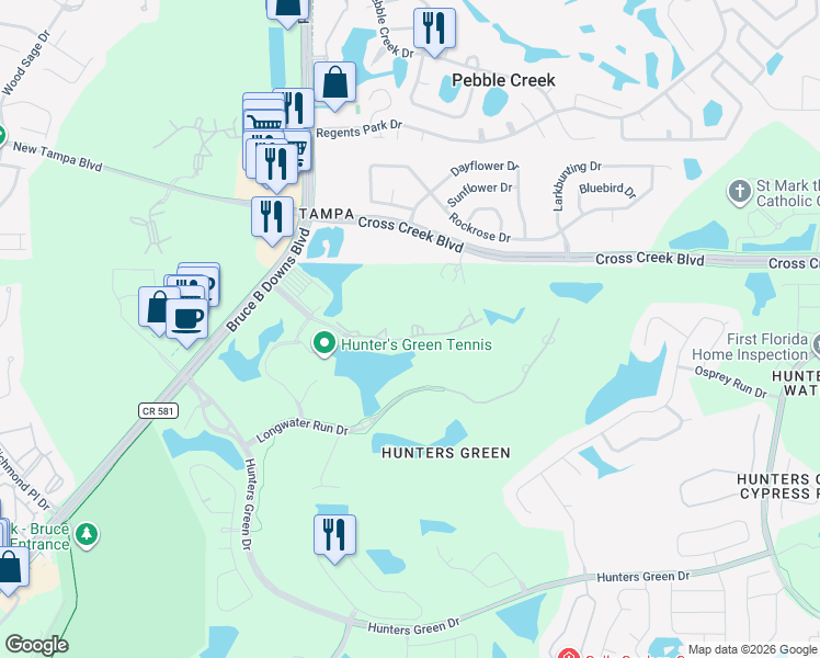 map of restaurants, bars, coffee shops, grocery stores, and more near 8801 Hunters Lake Drive in Tampa
