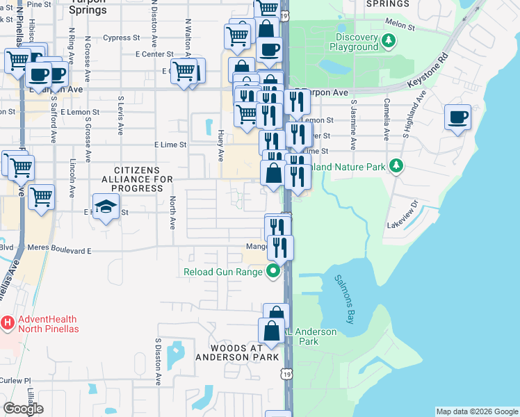 map of restaurants, bars, coffee shops, grocery stores, and more near 718 Haven Place in Tarpon Springs