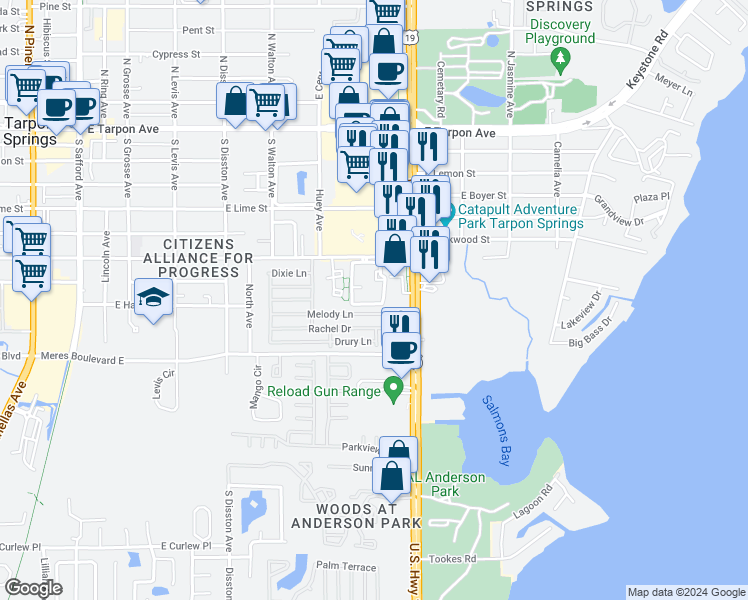 map of restaurants, bars, coffee shops, grocery stores, and more near 720 Haven Place in Tarpon Springs