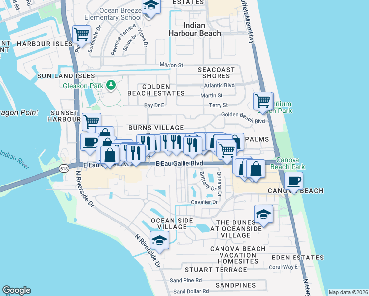map of restaurants, bars, coffee shops, grocery stores, and more near 118 Mediterranean Way in Indian Harbour Beach