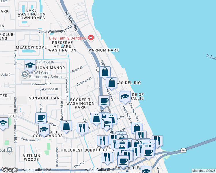 map of restaurants, bars, coffee shops, grocery stores, and more near 2013 Guava Avenue in Melbourne