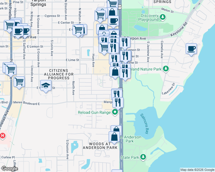 map of restaurants, bars, coffee shops, grocery stores, and more near 706 Haven Place in Tarpon Springs