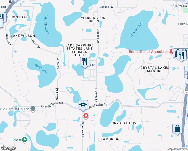 map of restaurants, bars, coffee shops, grocery stores, and more near 18108 Crooked Lane in Lutz