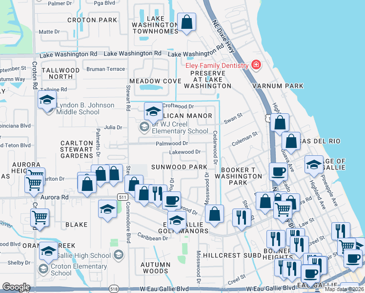 map of restaurants, bars, coffee shops, grocery stores, and more near 1329 Palmwood Drive in Melbourne