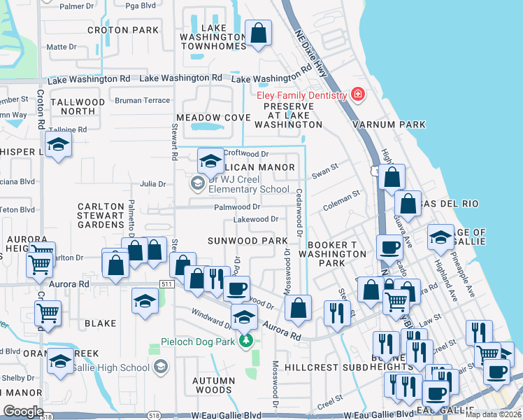 map of restaurants, bars, coffee shops, grocery stores, and more near 1329 Palmwood Drive in Melbourne