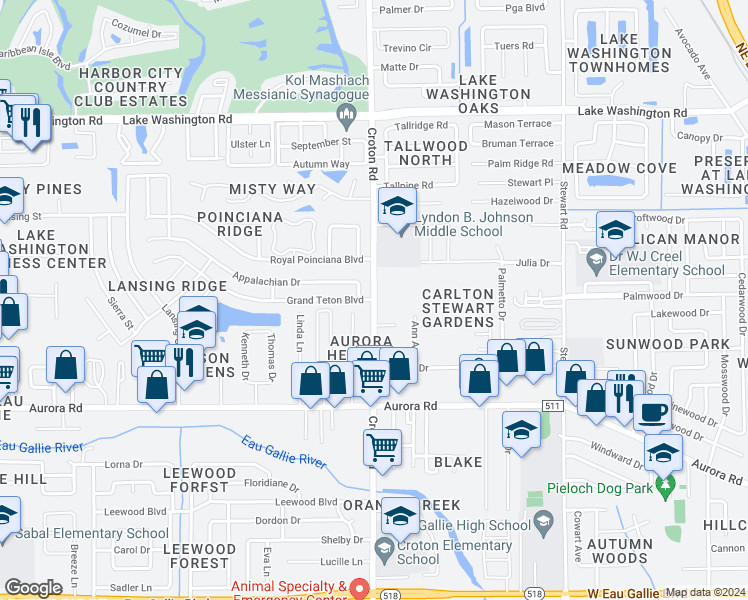 map of restaurants, bars, coffee shops, grocery stores, and more near Croton Road in Melbourne