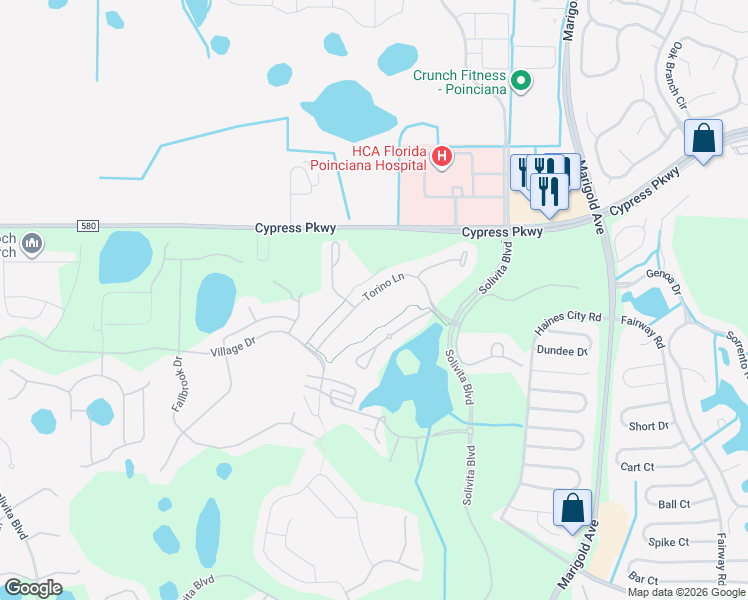 map of restaurants, bars, coffee shops, grocery stores, and more near 160 Torino Lane in Poinciana