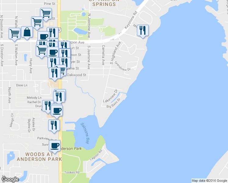 map of restaurants, bars, coffee shops, grocery stores, and more near 1430 Lakeview Drive in Tarpon Springs
