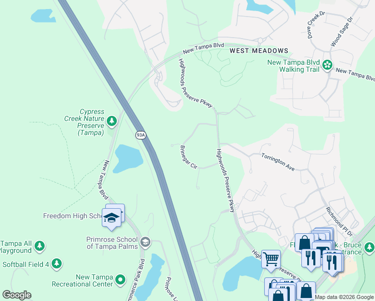 map of restaurants, bars, coffee shops, grocery stores, and more near 8127 Brinegar Circle in Tampa