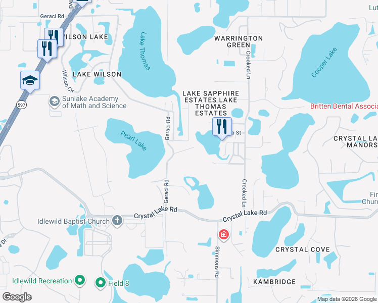 map of restaurants, bars, coffee shops, grocery stores, and more near 1412 May Street in Lutz