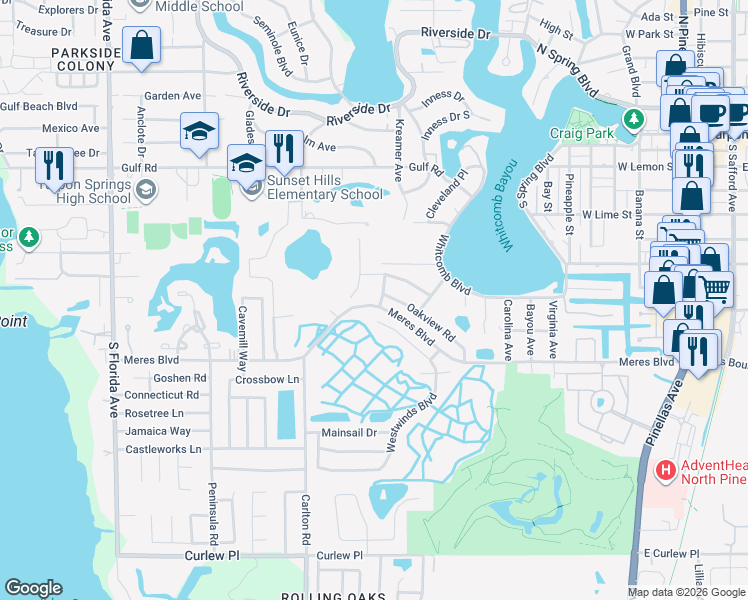 map of restaurants, bars, coffee shops, grocery stores, and more near 724 Woodmont Drive in Tarpon Springs