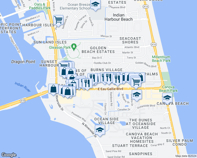 map of restaurants, bars, coffee shops, grocery stores, and more near 333 Mary Joye Avenue in Indian Harbour Beach