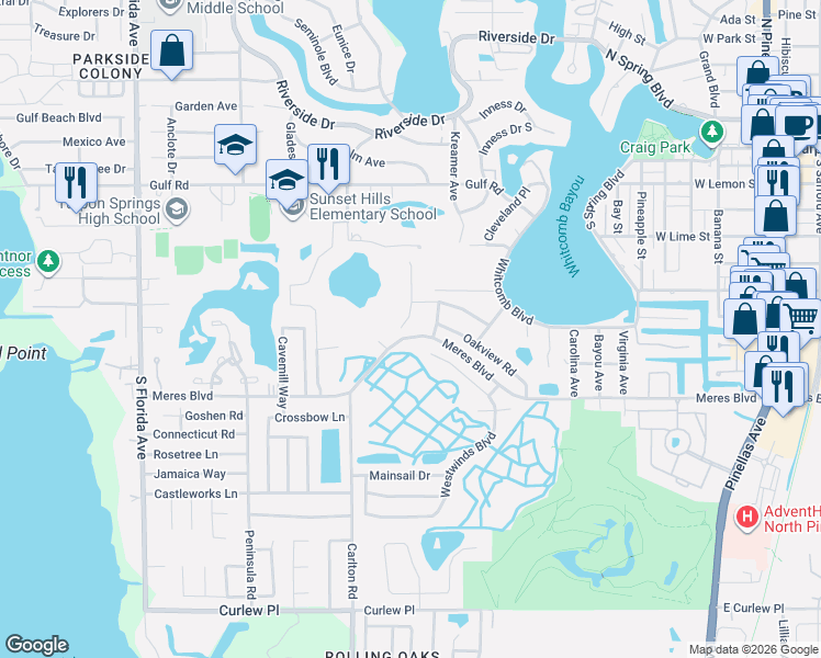 map of restaurants, bars, coffee shops, grocery stores, and more near 724 Woodmont Drive in Tarpon Springs