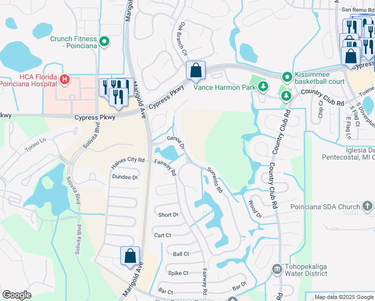 map of restaurants, bars, coffee shops, grocery stores, and more near 556 Genoa Drive in Kissimmee