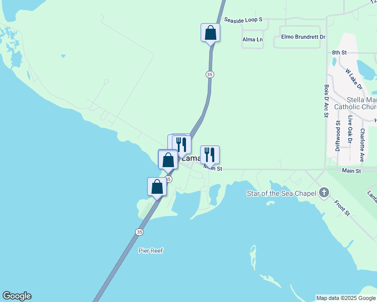 map of restaurants, bars, coffee shops, grocery stores, and more near 5902 Highway 35 North in Rockport