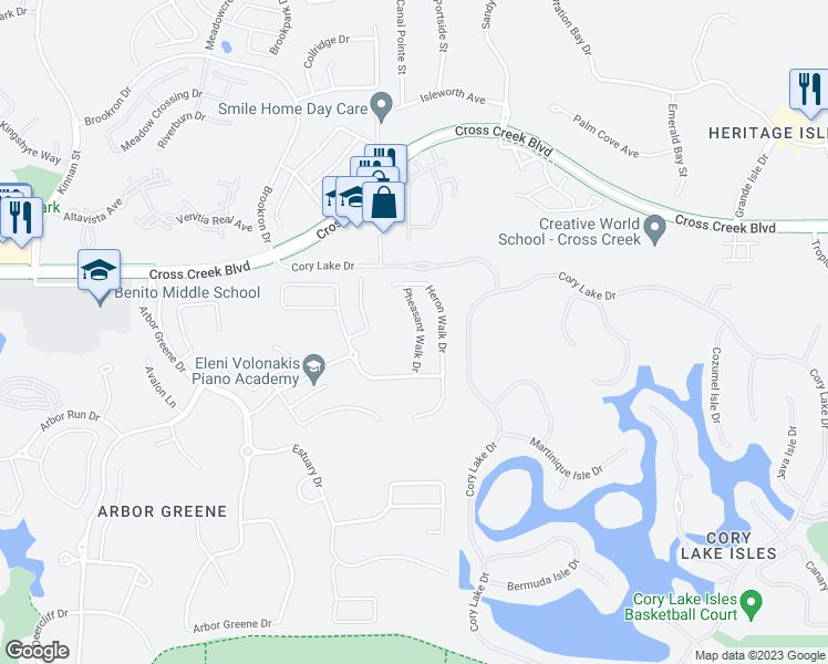 map of restaurants, bars, coffee shops, grocery stores, and more near 18116 Pheasant Walk Drive in Tampa