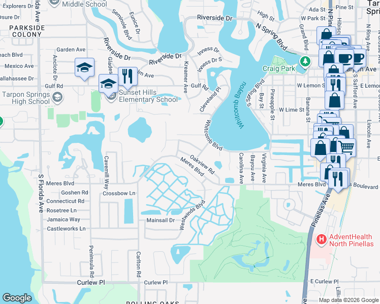 map of restaurants, bars, coffee shops, grocery stores, and more near 957 Oakview Road in Tarpon Springs