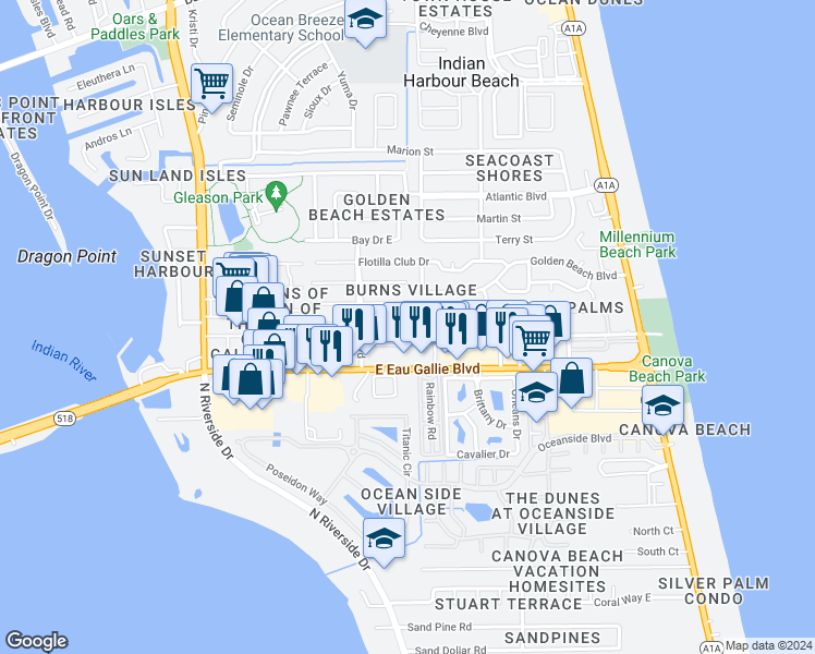 map of restaurants, bars, coffee shops, grocery stores, and more near 349 Mary Joye Avenue in Indian Harbour Beach