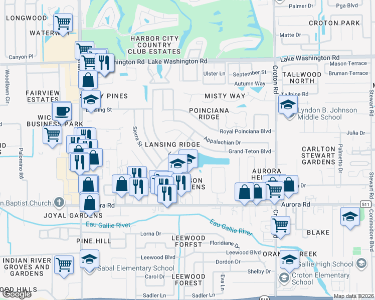 map of restaurants, bars, coffee shops, grocery stores, and more near 2020 Adirondack Circle in Melbourne