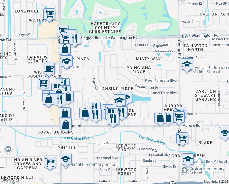 map of restaurants, bars, coffee shops, grocery stores, and more near 2005 Lansing Street in Melbourne