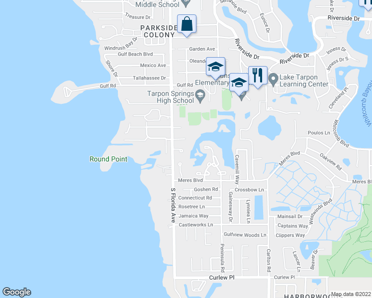 map of restaurants, bars, coffee shops, grocery stores, and more near 107 Lakeside Colony Drive in Tarpon Springs