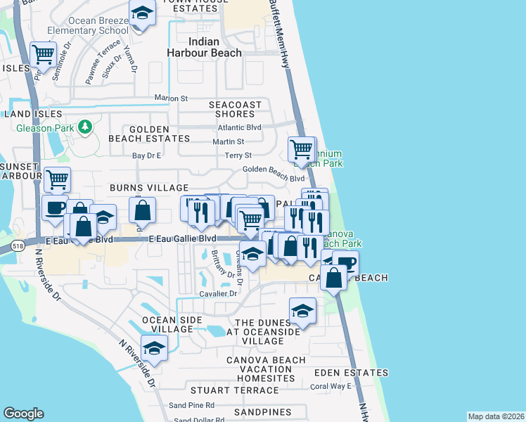 map of restaurants, bars, coffee shops, grocery stores, and more near 814 Mimosa Place in Satellite Beach