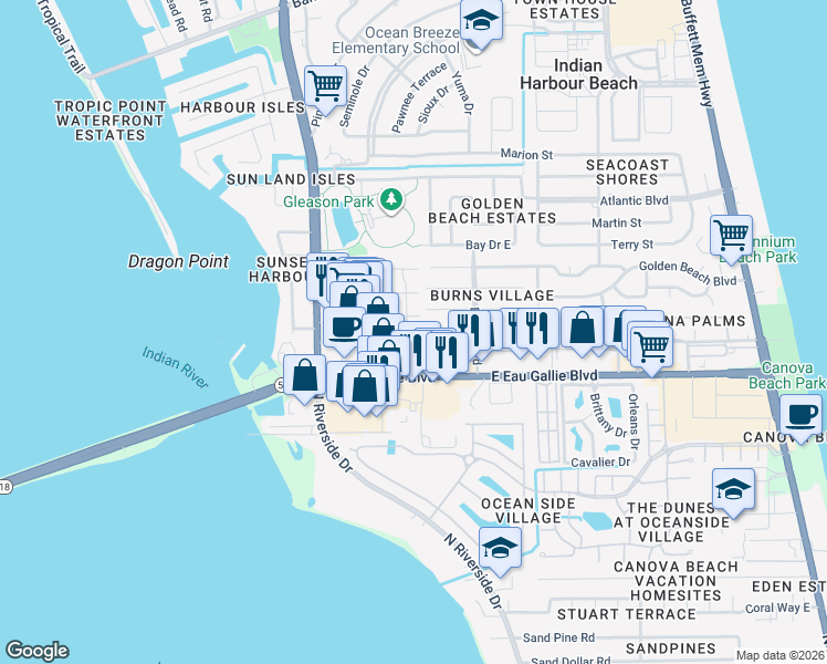 map of restaurants, bars, coffee shops, grocery stores, and more near 2202 Parkside Place in Satellite Beach