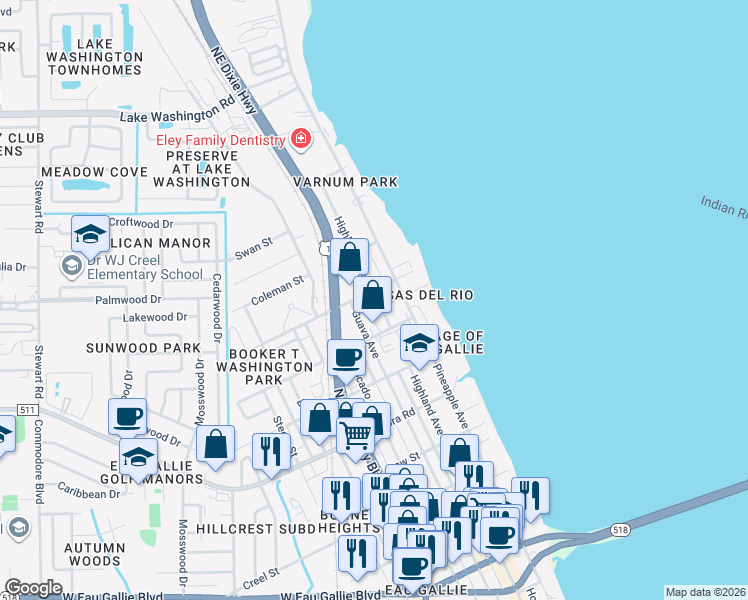 map of restaurants, bars, coffee shops, grocery stores, and more near 2034 Highland Ave in Melbourne