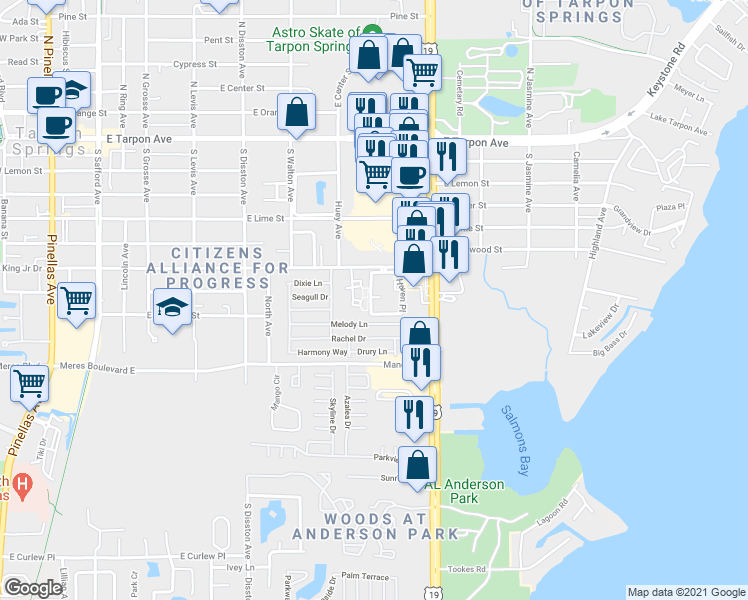 map of restaurants, bars, coffee shops, grocery stores, and more near 746 Haven Place in Tarpon Springs