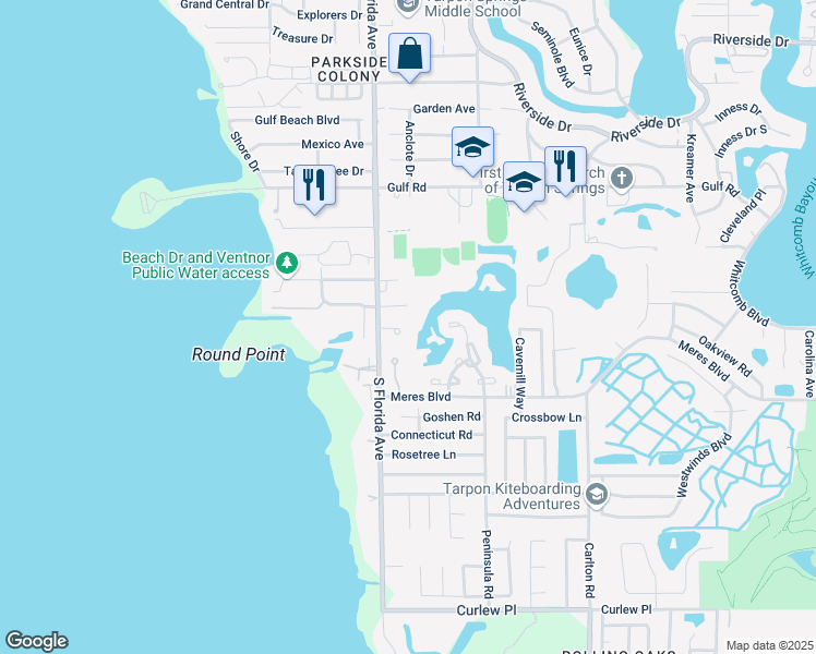 map of restaurants, bars, coffee shops, grocery stores, and more near 104 Lakeside Colony Drive in Tarpon Springs