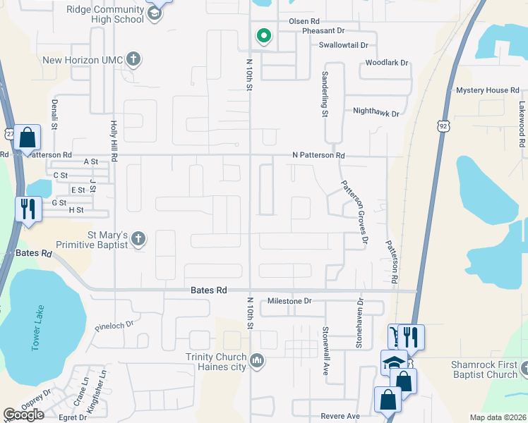 map of restaurants, bars, coffee shops, grocery stores, and more near 390 Eaglecrest Drive in Haines City