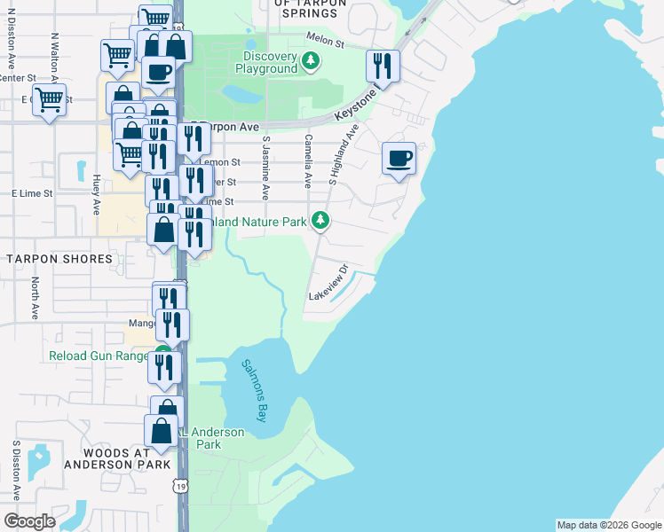 map of restaurants, bars, coffee shops, grocery stores, and more near 1430 Lakeview Drive in Tarpon Springs