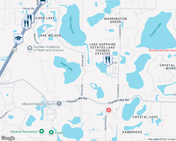 map of restaurants, bars, coffee shops, grocery stores, and more near 1413 May Street in Lutz