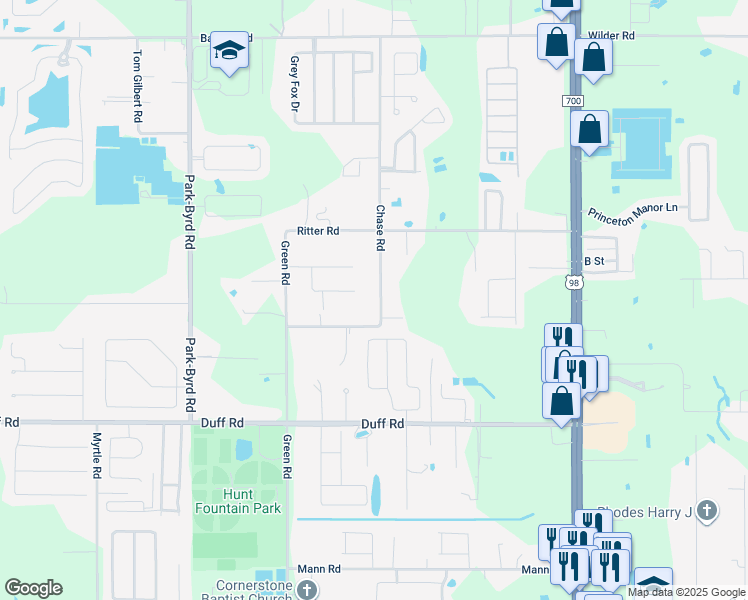 map of restaurants, bars, coffee shops, grocery stores, and more near 7662 Chase Road in Lakeland