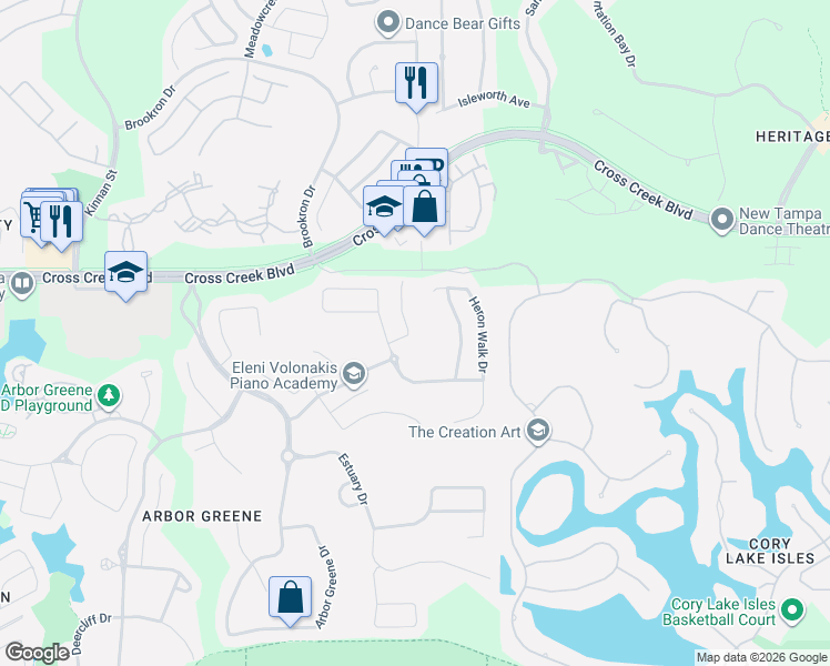 map of restaurants, bars, coffee shops, grocery stores, and more near 18107 Sugar Brooke Drive in Tampa