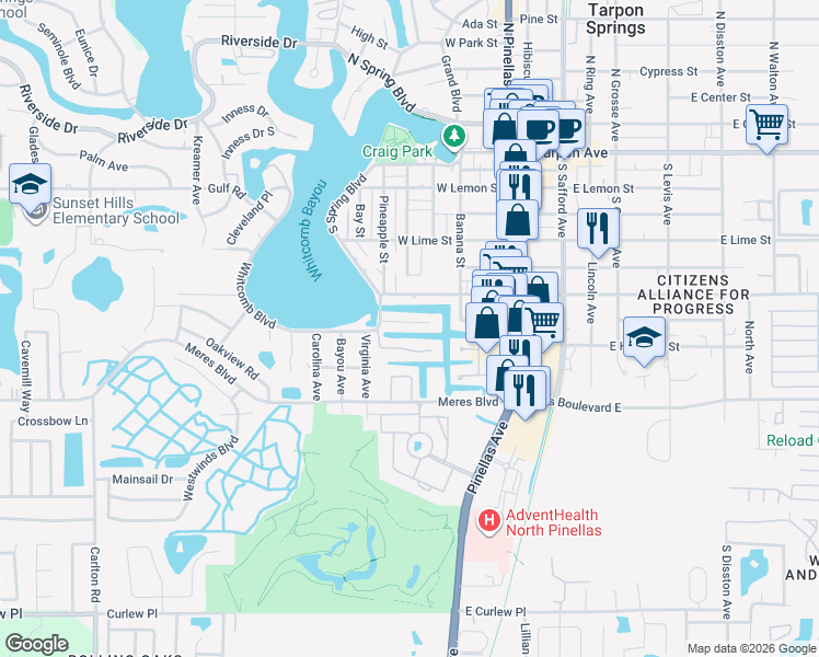 map of restaurants, bars, coffee shops, grocery stores, and more near 322 Manatee Lane in Tarpon Springs