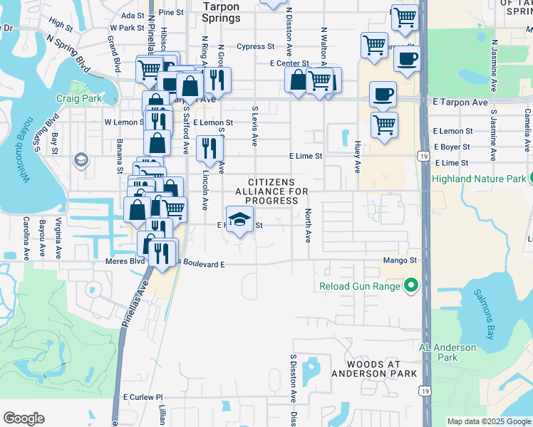 map of restaurants, bars, coffee shops, grocery stores, and more near 506 East Morgan Street in Tarpon Springs