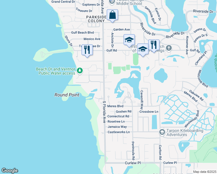 map of restaurants, bars, coffee shops, grocery stores, and more near 104 Lakeside Colony Drive in Tarpon Springs