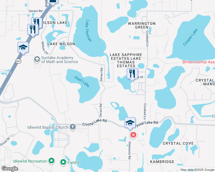 map of restaurants, bars, coffee shops, grocery stores, and more near 1412 May Street in Lutz