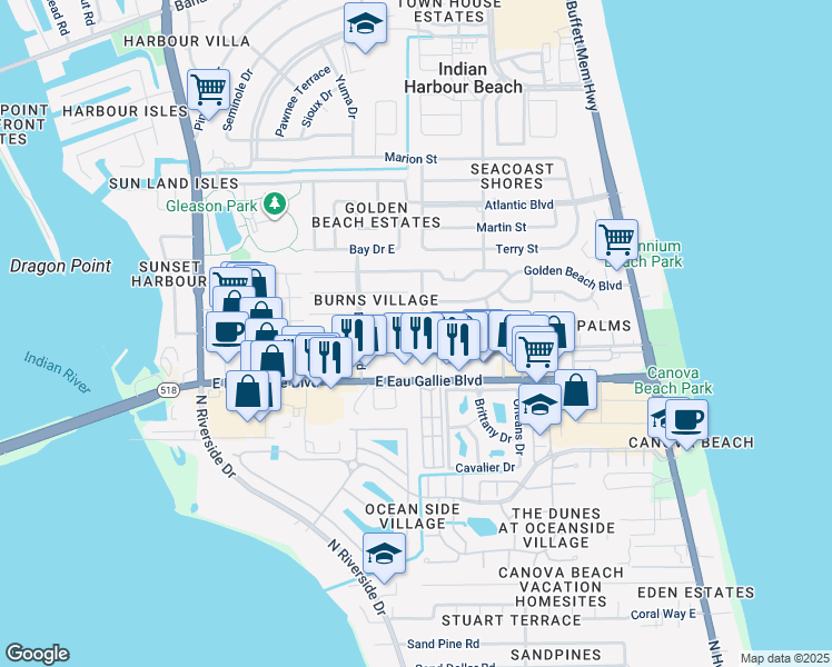 map of restaurants, bars, coffee shops, grocery stores, and more near 349 Mary Joye Avenue in Indian Harbour Beach