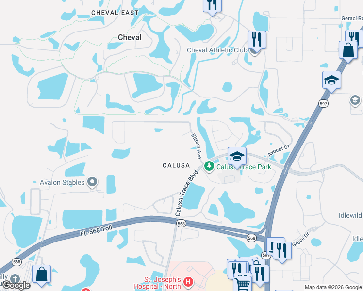 map of restaurants, bars, coffee shops, grocery stores, and more near 4208 Russon Way in Lutz