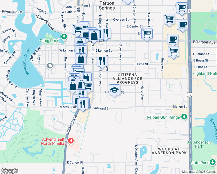 map of restaurants, bars, coffee shops, grocery stores, and more near 402 East Morgan Street in Tarpon Springs