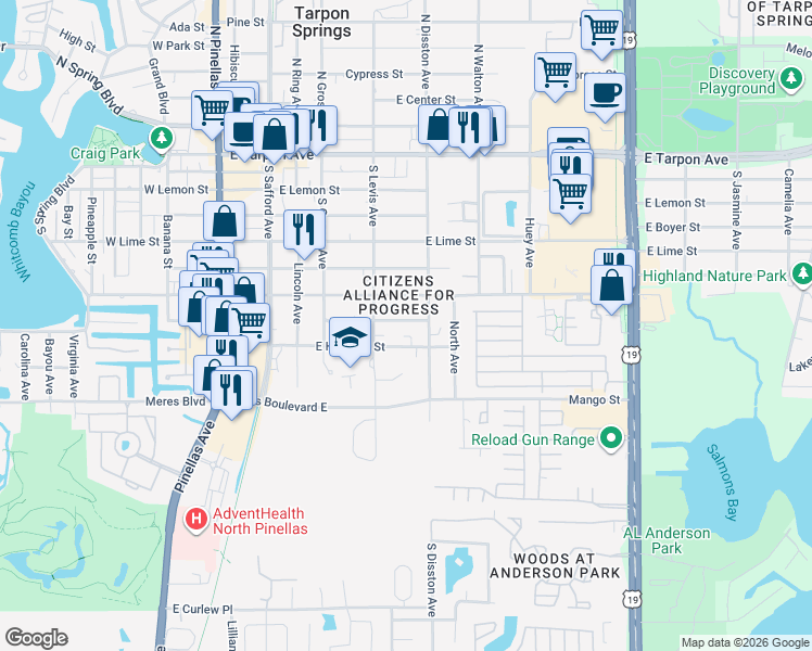 map of restaurants, bars, coffee shops, grocery stores, and more near 514 East Morgan Street in Tarpon Springs