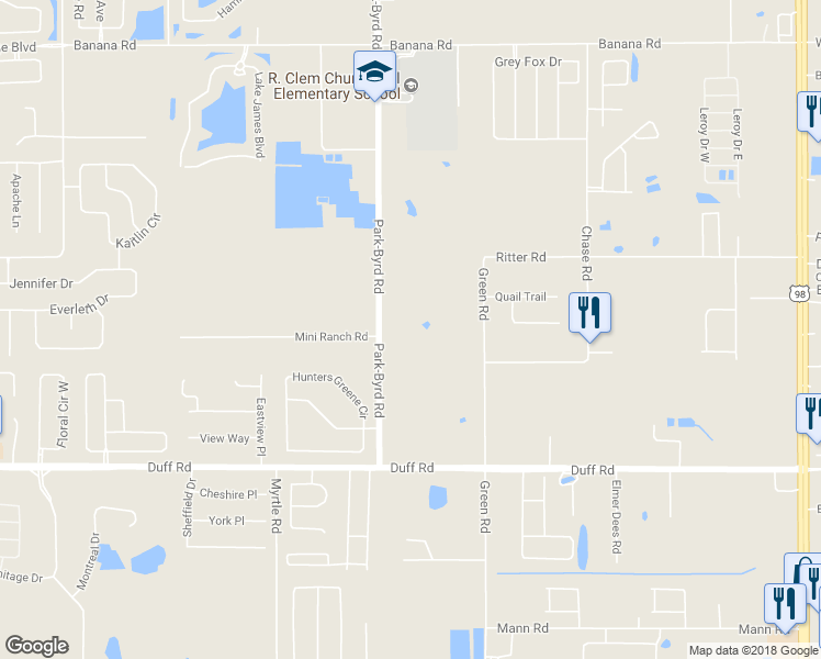 map of restaurants, bars, coffee shops, grocery stores, and more near 7625 Park-Byrd Road in Lakeland