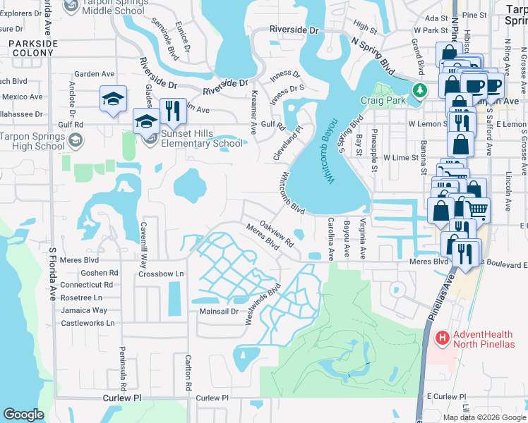 map of restaurants, bars, coffee shops, grocery stores, and more near 957 Oakview Road in Tarpon Springs