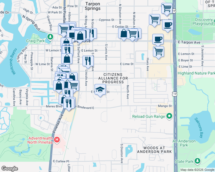 map of restaurants, bars, coffee shops, grocery stores, and more near 701 South Levis Avenue in Tarpon Springs