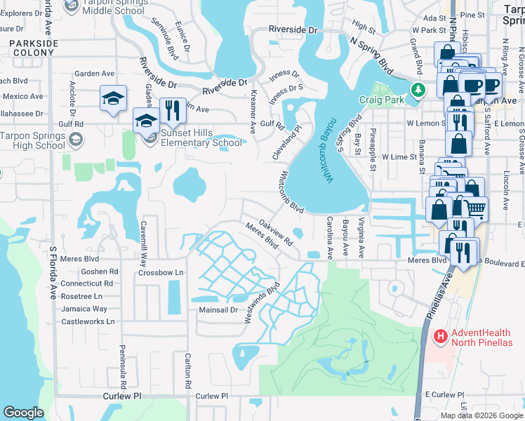 map of restaurants, bars, coffee shops, grocery stores, and more near 957 Oakview Road in Tarpon Springs